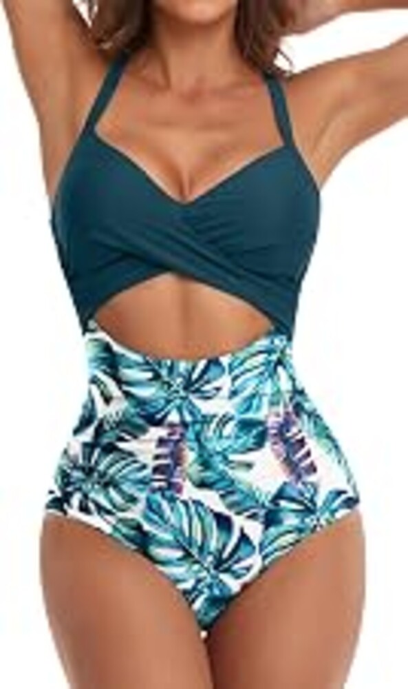 Eomenie Women's One Piece Swimsuits Tummy Control Cutout High Waisted Bathing Suit Wrap Tie Back 1 Piece Swimsuit