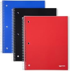 Amazon Basics Wide-Ruled Spiral Notebooks with Pocket Divider, 8" x 10.5", 100 Sheets, Perforated Pages, Assorted Primary Colors, 3-Pack