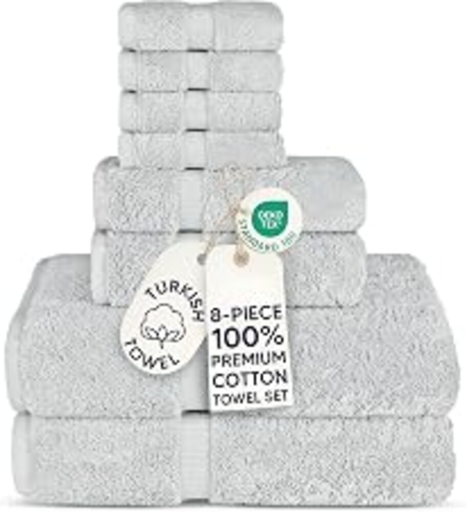 Chakir Turkish Linens Premium Cotton Absorbent Turkish Towels (8-Piece Towel Set, Silver)