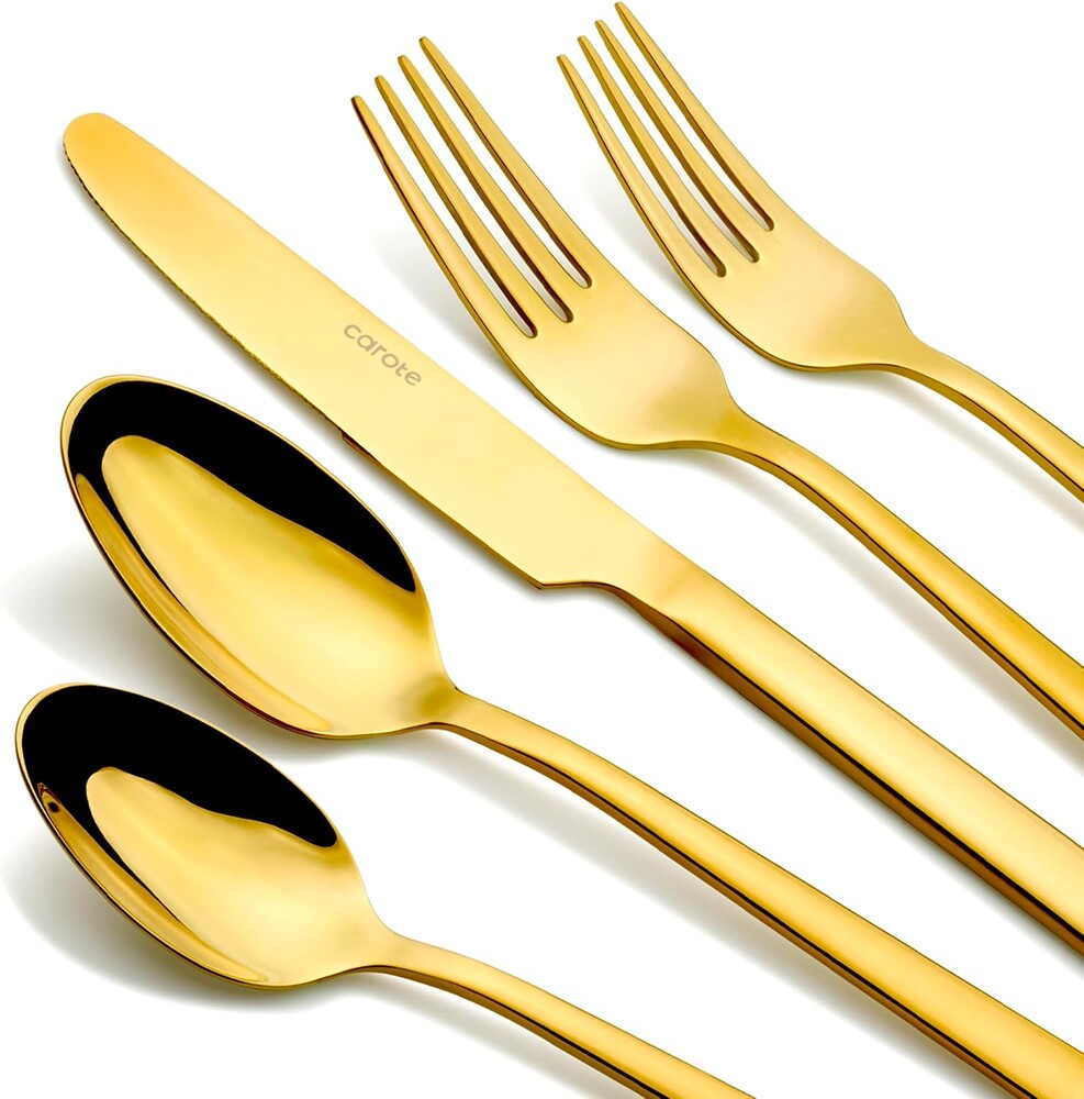 CAROTE 20 Piece Silverware Set, 18/10 Stainless Steel Utensil Set with Spoons and Forks, Flatware Sets for 4, Mirror Finish Cutlery Set for Home and Kitchen, Dishwasher Safe, Gold