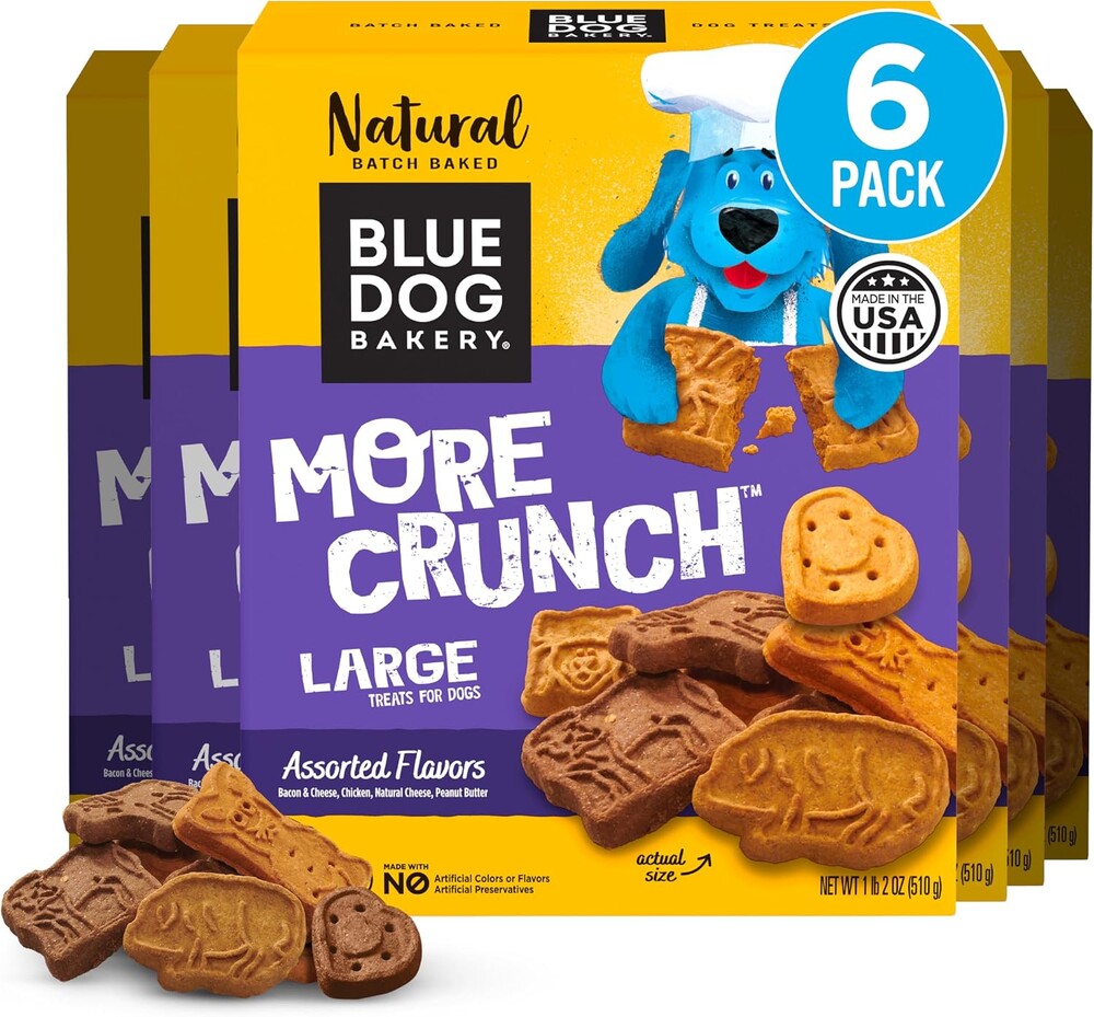Blue Dog Bakery Natural Dog Treats, More Crunch Large, Assorted Flavors, 18oz Box, 6 Boxes