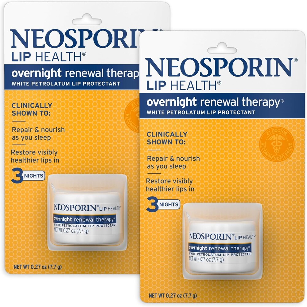 Neosporin Lip Health Overnight Renewal Therapy White Petrolatum Protectant and Moisturizer to Nourish & Repair Dryness, Helps Relieve, Prevent, Hydrate, & Protect, 0.27 oz, 2 Pack