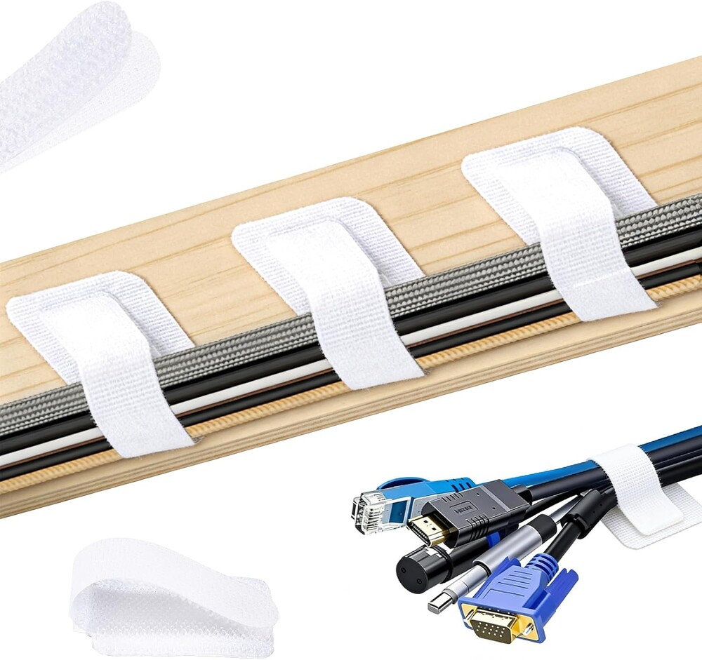 100 Pcs Hook and Loop Cable Ties, Self Adhesive Cable Management Desktop Cable Straps, Adjustable Cord Organizer for Desk Home Office Organization (White)