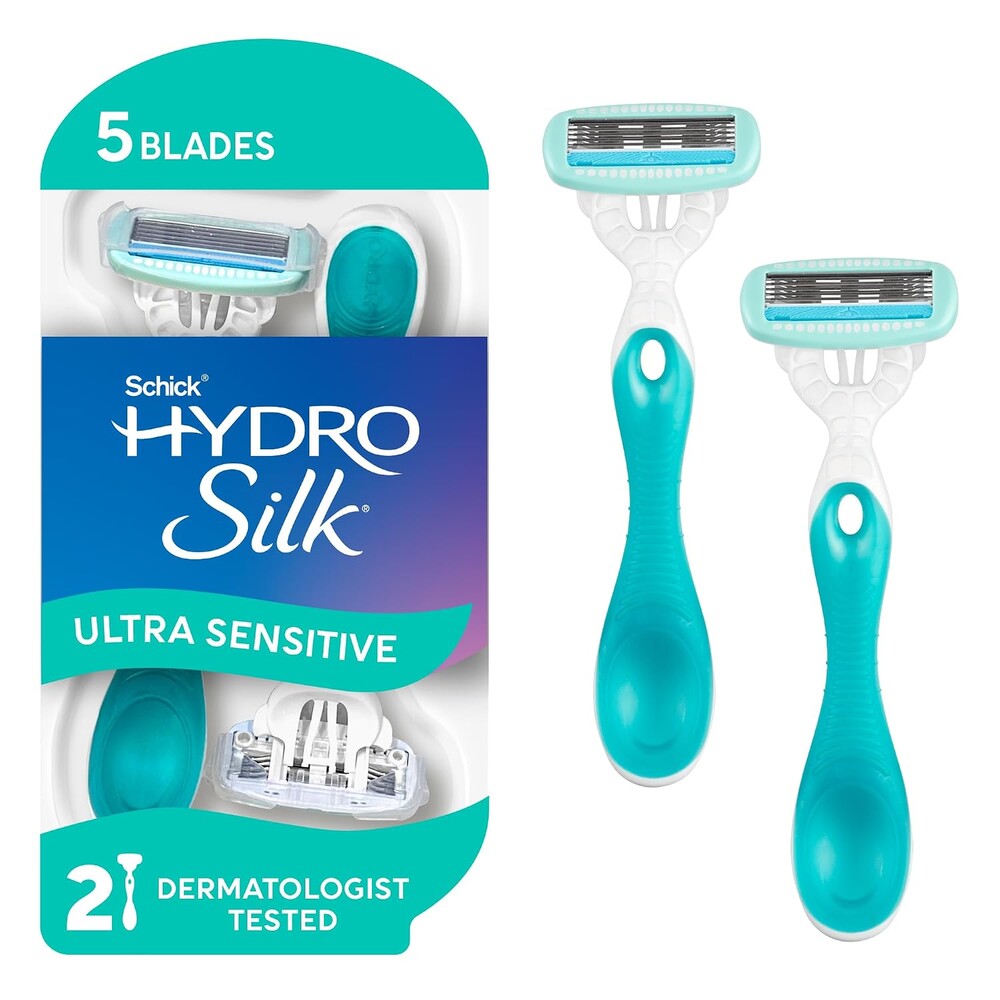 Schick Hydro Silk Sensitive Womens Disposable Razors, 2 Count, 5-Blade Disposable Razors for Women Sensitive Skin, Travel Razor for Women
