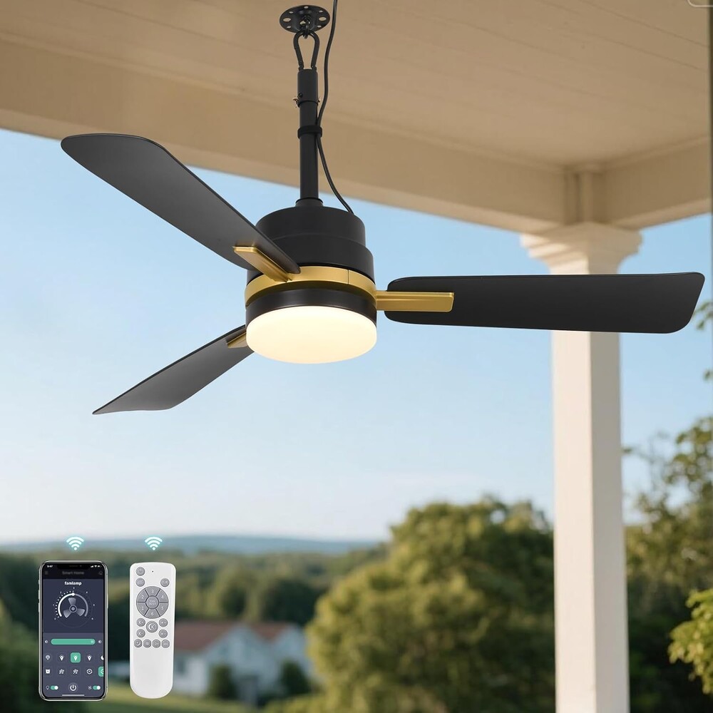 AHAWILL 42" Outdoor Ceiling Fans with Lights and Remote,Hanging Gazebo Fan,Plug in Ceiling Fan for Patios,3 CCT Dimmable,Portable Fan with Hook for Porch,Pergola,Black and Gold