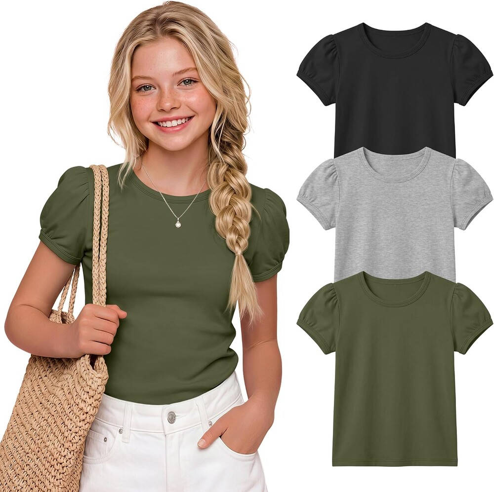 3 Pack Girls' Puff Short Sleeve Shirts Tween Crew Neck Fitted Basic Tops Casual Cute Dressy Blouses 5-14 Years