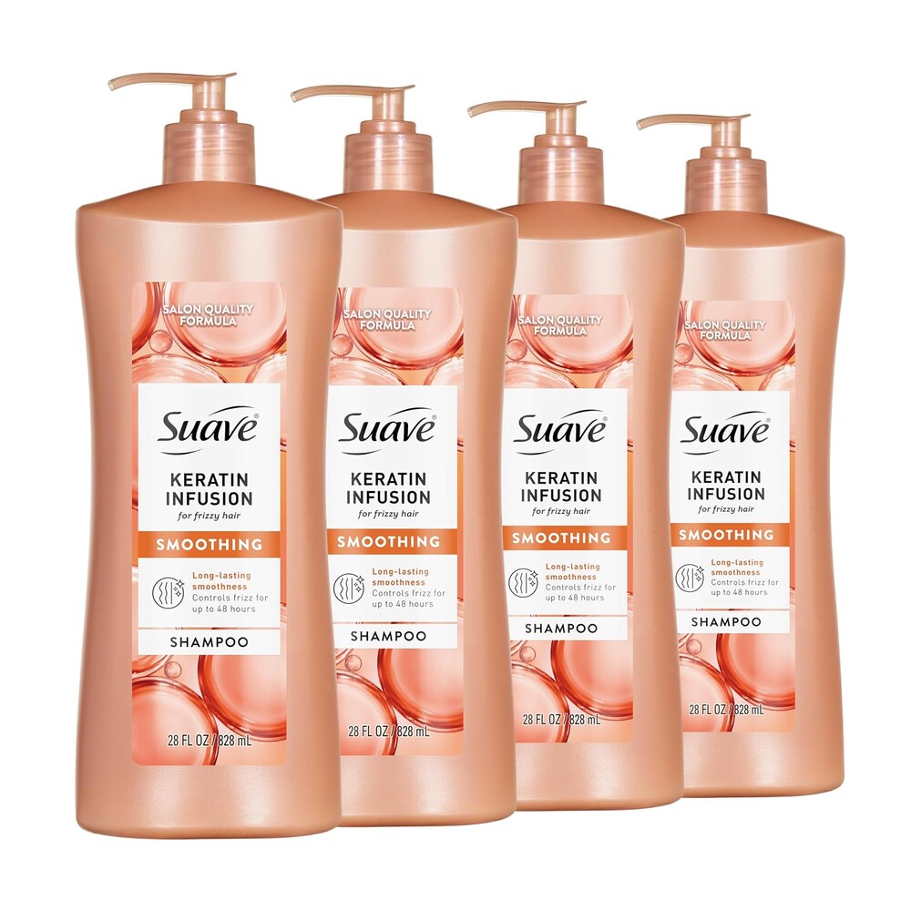 Suave Keratin Infusion Smoothing Shampoo For Frizzy Hair, Anti-Humidity + 48HR Frizz Control, Smooths & Detangles For Easy Styling, 28 fl oz Pump, 4 Count
