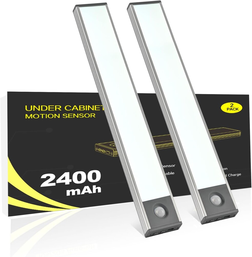 Under Cabinet Lighting, 2400mAh Motion Sensor Light Indoor, 2 Pack | 7.8in Rechargeable Closet Lights, 10s/20s Delay, Magnetic Battery Operated Under Counter Lights for Kitchen & Stairway