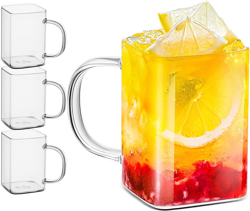LUXU Drinking Glasses 8 oz With Handle,Set of 4 Thin Square Glasses,Elegant Bar Glassware For Water,Juice,Beer, Drinks,and Cocktails and Mixed Drinks,Lead-Free Square Glass,Glass Drink Tumblers