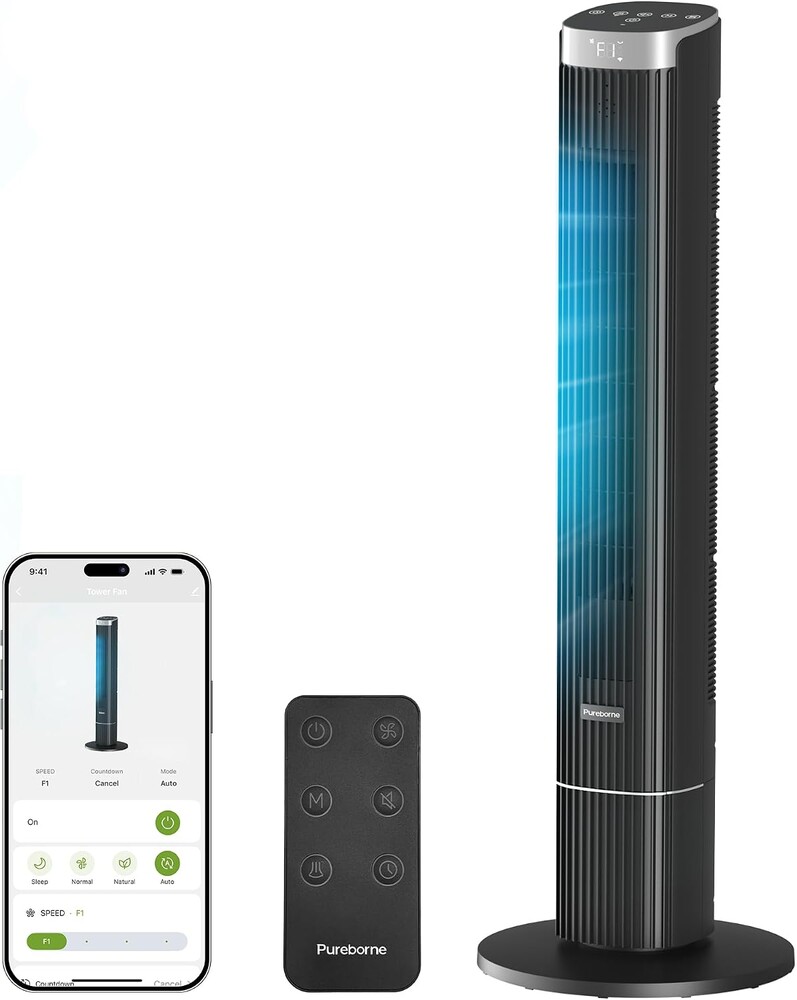 42” Tower Fan for Home Bedroom, 25dB Ultra-Quiet Sleep Mode, 25ft/s Smart Standing Fans, 90° Oscillating Floor Fan, Works with WiFi Voice Control, 4 Speeds 4 Modes, 12H Timer, Black, 1 Pack