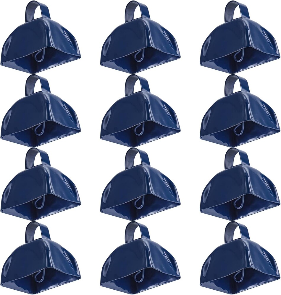 Foraineam 12 Pack Metal Cowbells with Handles, Blue Loud Call Bell Alarm Noise Makers, Hand Percussion Musical Instruments Noisemakers for Sporting Events, Weddings, New Year’s Eve, Team Cheering