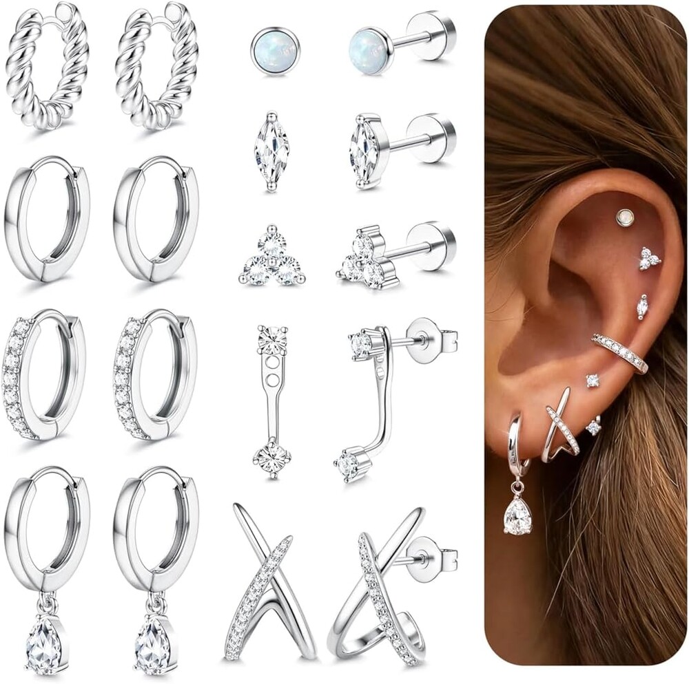 LOLIAS Hypoallergenic Flat Back Earrings for Women-14K Gold Plated Cartilage Earring Stacks-20G Surgical Stainless Steel Earrings-Small Flatback Stud Hoop Earring Sets for Multiple Piercing Jewelry