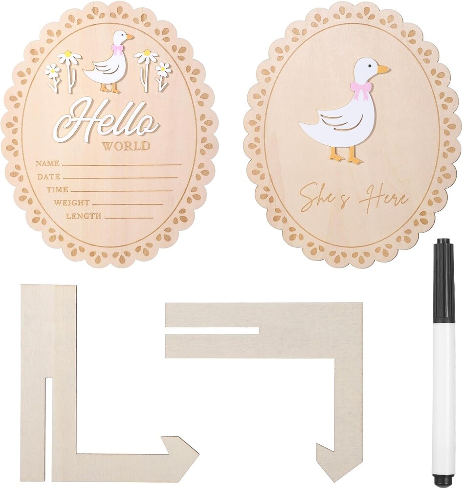 2 Pcs Baby Announcement Sign Newborn Name Date Time Weight Length Plaques Card Birth Announcement Welcome Board Wooden Newborn Sign with Marker for Hospital Baby Shower Nursery Photo Prop