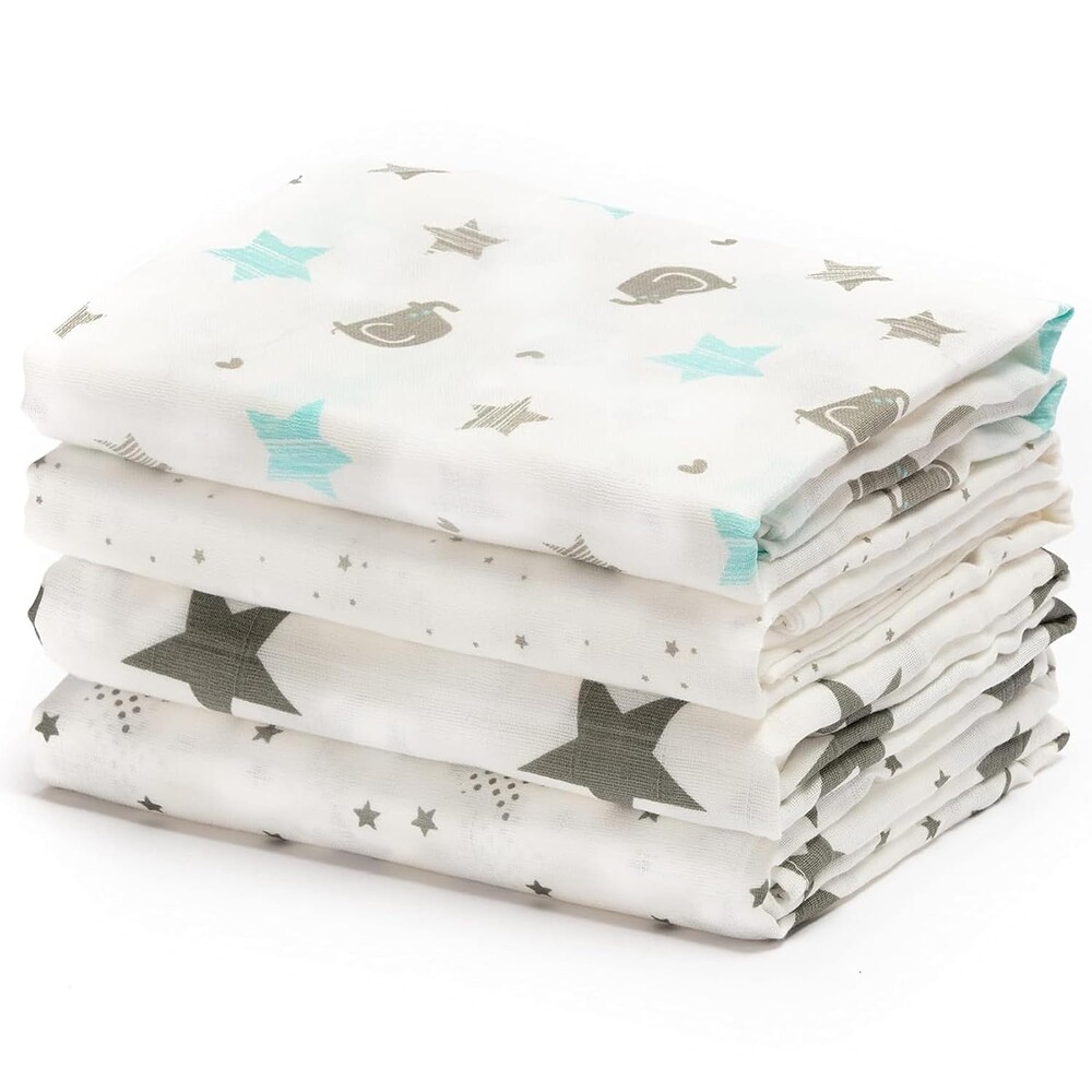 CuddleBug Muslin Baby Swaddle Blankets for Boys and Girls 0 to 3 Months Size Large 4 Feet x 4 Feet – Muslin Cotton Baby Blankets - 4 Pack (Starry Nights)