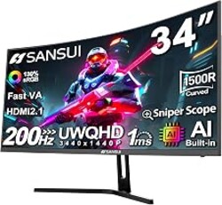 SANSUI 34-Inch Curved Gaming Monitor UWQHD 3440 x 1440P 200Hz Ultrawide | 34” Ultra Wide Gaming Computer Monitor-PIP/PBP, OD 1ms, HDR, 300nits, 130%sRGB, DCI-P3 97%,AI Crosshair,HDMI2.1x2,DP1.4