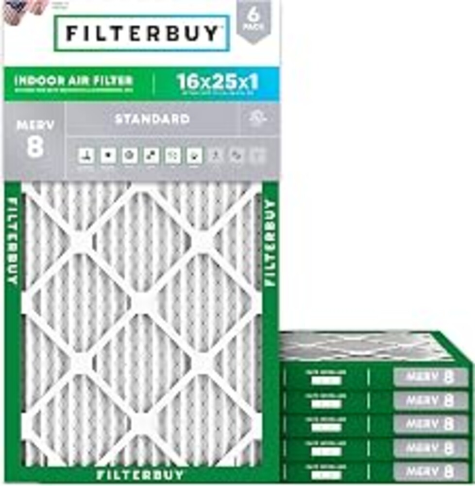 Filterbuy 16x25x1 Air Filter MERV 8 Dust & Allergy Defense (6-Pack) | Electrostatic Pleated HVAC AC Furnace Filters Replacement, Made in USA (Actual Size: 15.50 x 24.50 x 0.75)