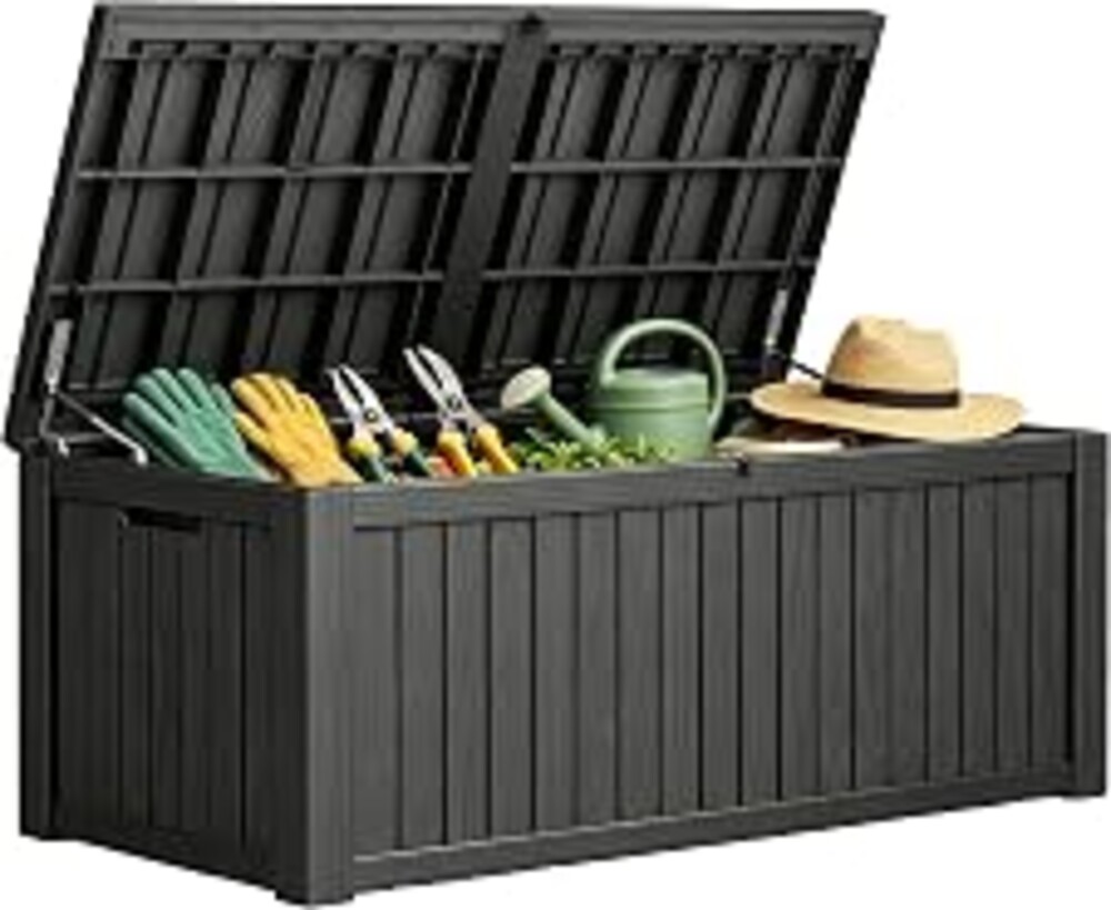 Fancyango 220 Gallon Outdoor Deck Box Waterproof, Large Storage Box for Patio, Resin Storage Bench Lockable for Garden Tools, Package Delivery, Black