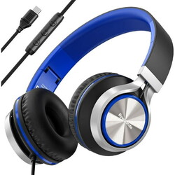 USB C Headphones with Mic and Volume Control, Over Ear Stereo Headsets, Wired Foldable Headphones for Smartphones Chromebook Laptop Tablets Travel(Black/Blue)