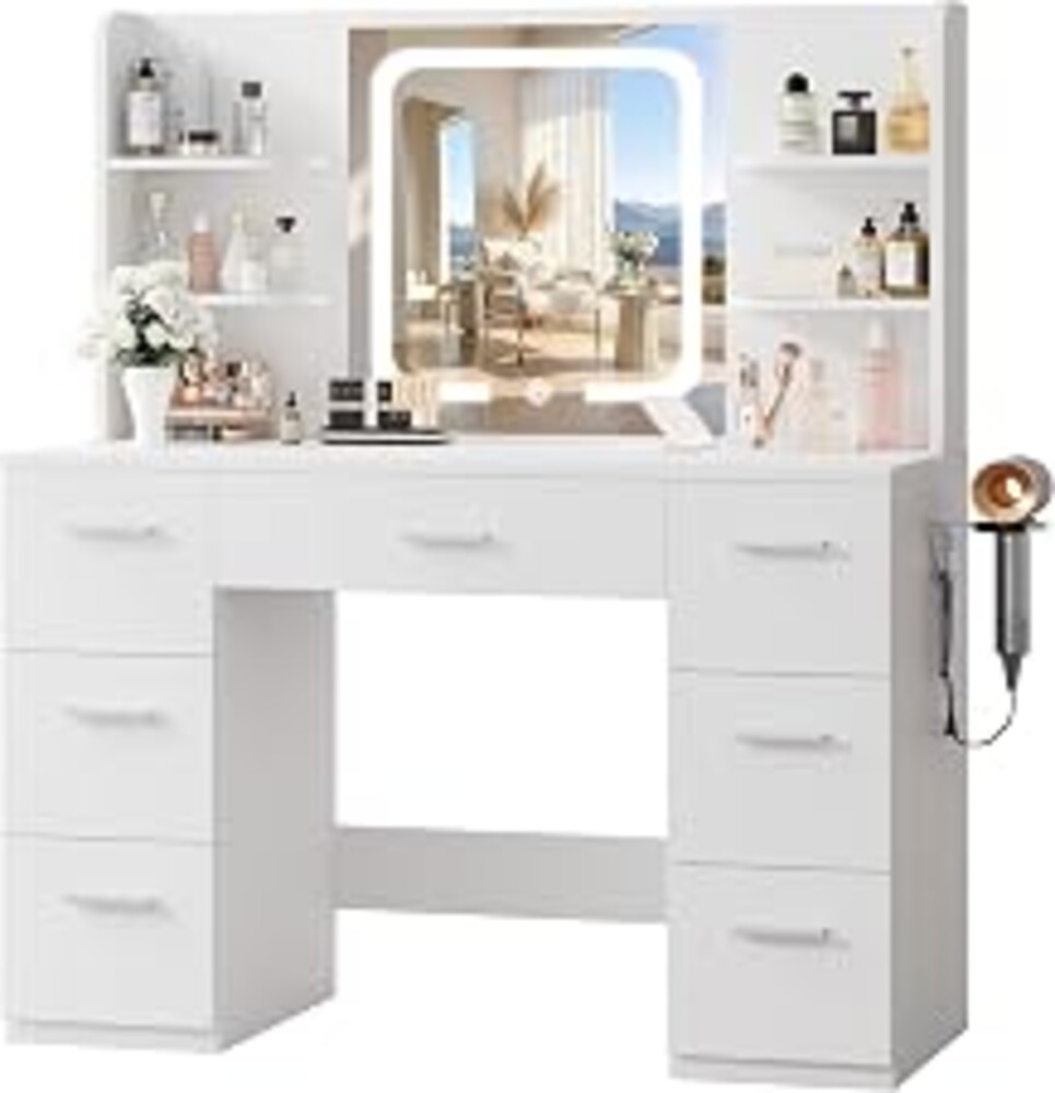 LIVELYGLOW 43" Large White Makeup Vanity Desk with Charging Station | Smart LED Mirror, Hairdryer Holder, 7 Drawers, 4 Shelves