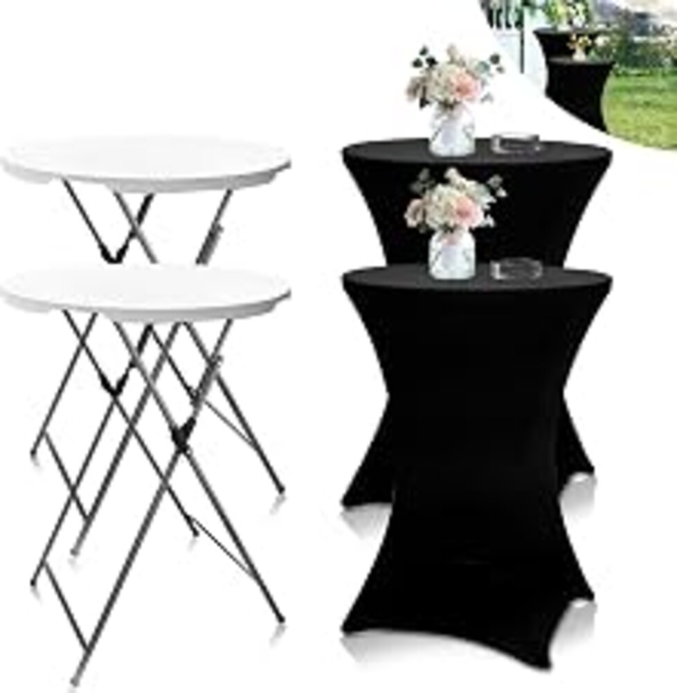 THESEATOP 2Sets 32in Hightop Folding Cocktail Tables+Covers-Spandex Stretch Folding Tall Bar Table Covers, Detachable Legs Bar Height Folding Table Outdoor Indoor Use (Black/2 Tables+2 Covers)