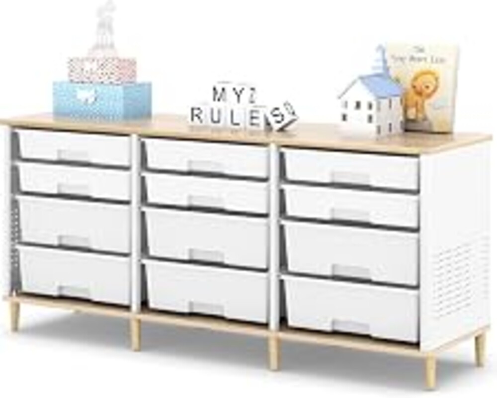 12 Drawers Storage Cabinet with Wooden Top and Plastic Bins, Toy Shelf Storage Chest Cubby Organizer for Home, Office, Playroom, Classroom & Craft Room Storage (White)