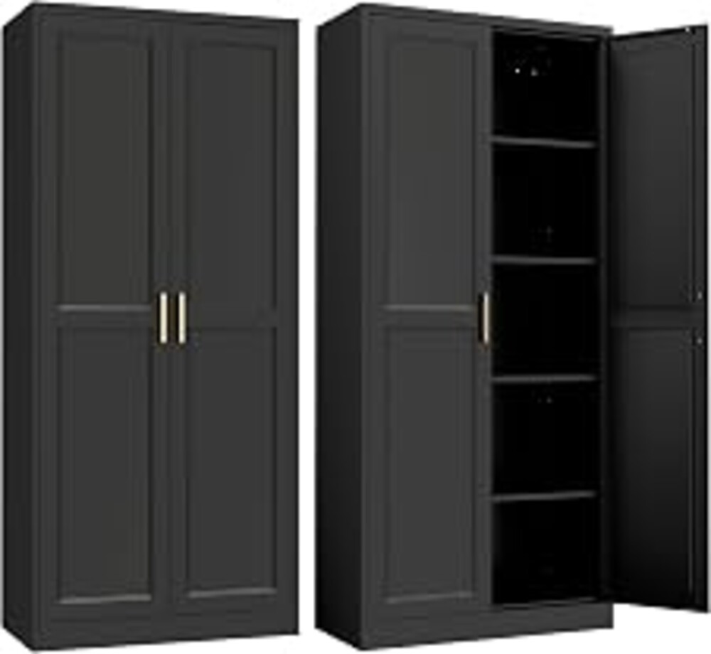SteeLoong Kitchen Pantry Cabinet,71”Black Metal Pantry Storage Cabinet with Doors and 4 Adjustable Shelves,Kitchen Cabinet with 2 Gold Handles,Tall Cabinet for Livingroom,Pantry, Bathroom