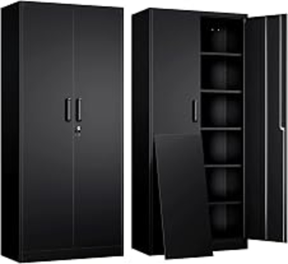 Yizosh Metal Garage Storage Cabinet with 2 Doors and 5 Adjustable Shelves - 71" Steel Lockable File Cabinet,Locking Tool Cabinets for Office,Home,Garage,Gym,School (Black)
