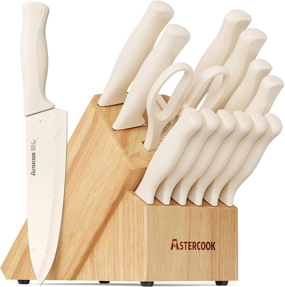 Astercook Knife Set, 15 Pieces Kitchen Knife Set with Sharpener Block, German Stainless Steel Knives with Anti-Rust Coating, Dishwasher Safe, Elegant Cream White Design, Perfect for Holiday Gifts