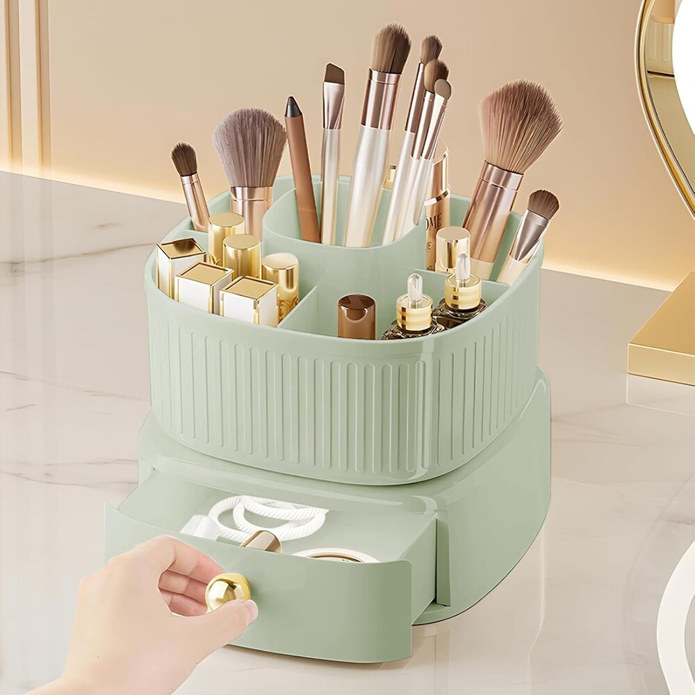 Makeup Brush Holder Organizer,360° Rotating Makeup Organizer with Drawer, 5 Slot Make up Brushes Cup for Cosmetics, Cosmetic Makeup Organizer for Vanity Desktop Organizer - Green