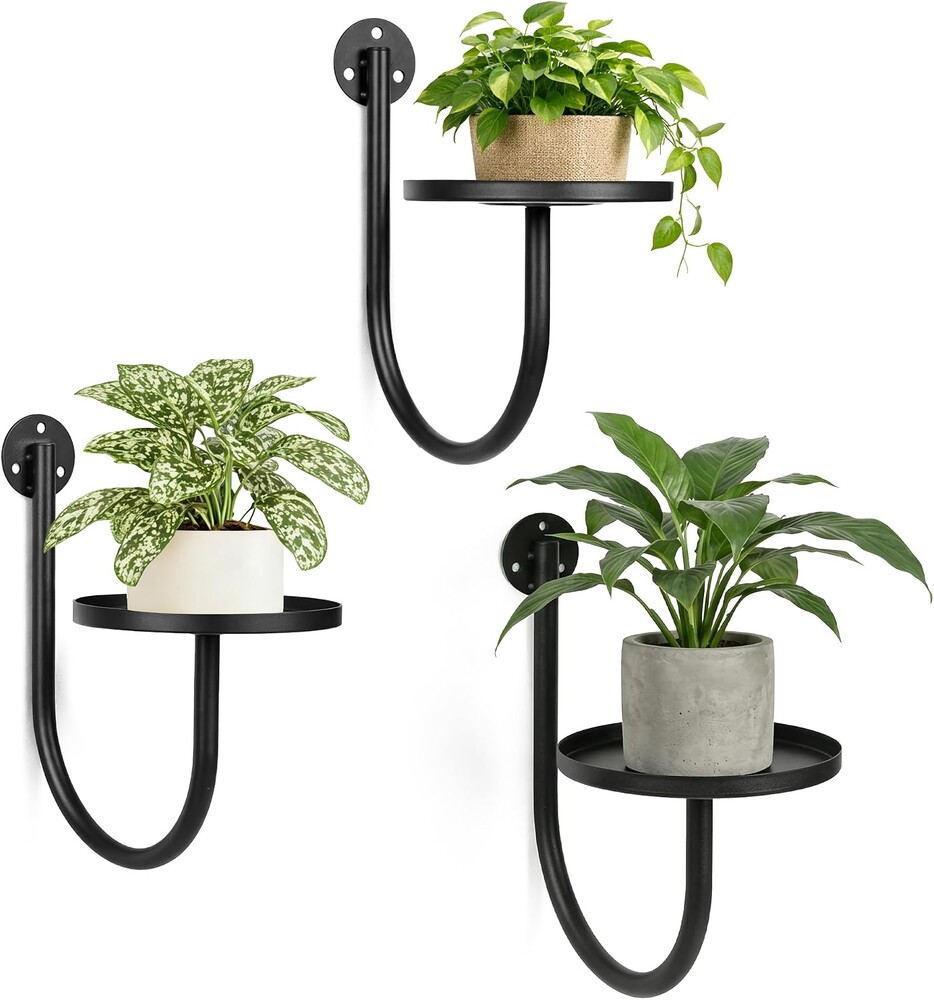 Wall Plant Holders for Indoor Plants, 3 Pack Metal Wall Mounted Plant Shelves，Modern Window Plant Hanger, Space Saving Hanging Planters for Living Room Bedroom Kitchen Bathroom Office Decor, Black