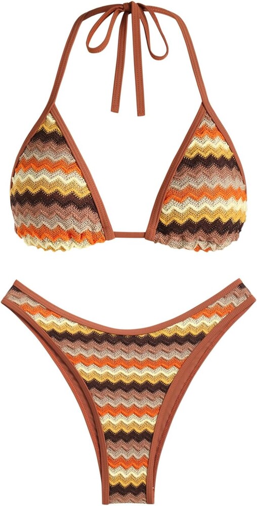 seamoly Women's Bikini Sets Halter Neck Crochet Colorblock Two Piece Swimsuits Open Back Sexy High Cut Thong Bathing Suit