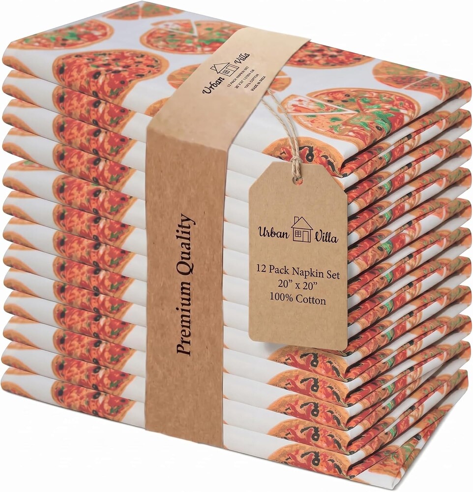 Urban Villa Cloth Napkins 100% Cotton Highly Absorbent Washable Durable Reusable Premium Dinner Napkins Ideal for Gifts for Mothers Day Hotel Farmhouse Parties - Pizza (20" x 20", Set of 12)