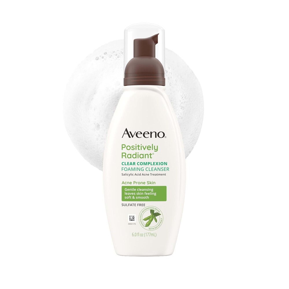 Aveeno Positively Radiant Clear Complexion Foaming Facial Cleanser, Oil-Free with Soy Extract & 0.5% Salicylic Acid, Hypoallergenic Acne Treatment Face Wash for Acne-Prone Skin, 6 Fl Oz