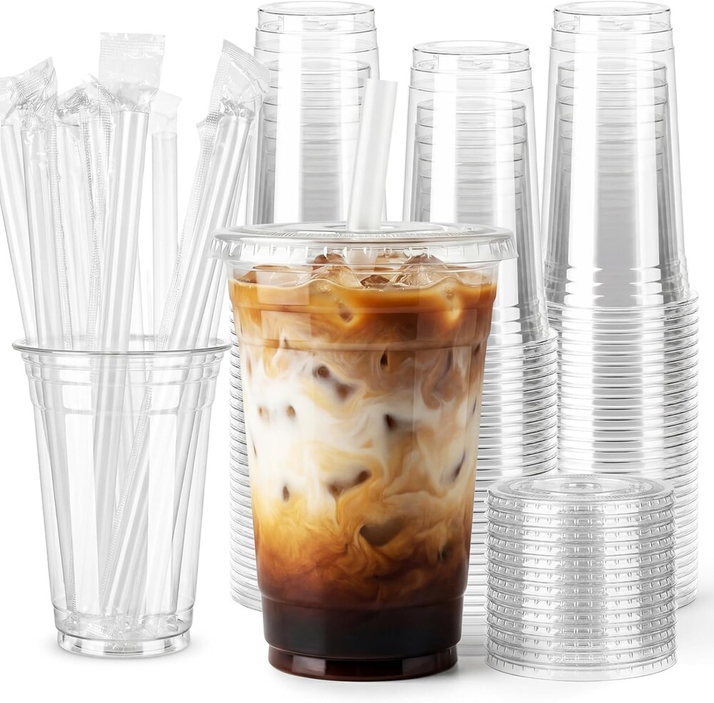 SAEUYVB 100 Pack - 20 oz Clear Plastic Cups with Lids and Straws,Disposable Iced Coffee Cups with Lids for Smoothie,Milkshake,Cold Drinks,Sturdy&Food Safe Disposable Clear Plastic Cups