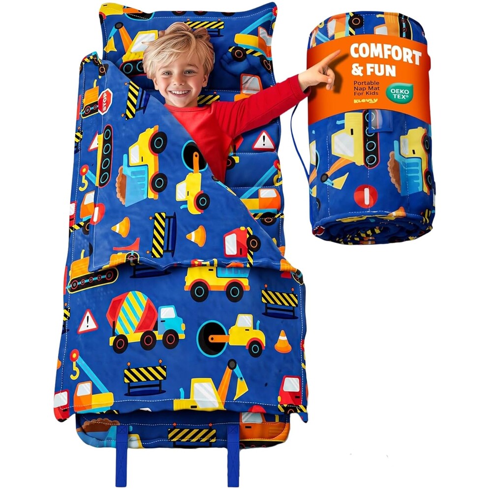 Nap Mats for Preschool Ages 3-5 | Toddler Sleep Mat | Soft & Non-Toxic Nap Mat Fabric with Pillow | Toddler Nap Mats for Daycare & Kindergarten | Construction Theme