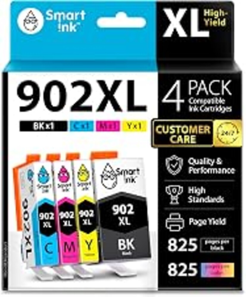 Smart Ink Compatible Ink Cartridge Replacement for HP 902 XL 902XL (4 Combo Pack) to use with Officejet Pro 6978 6968 6974 6975 6960 Officejet 6951 6954 6956 6958 Printers