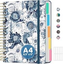 ZOTIA Large Spiral Notebooks for Work 5 Subject with Removable Dividers | Blue Floral, 8.5" x 11", Cute Journal for Women with Tabs, College Ruled Lined Notebook for Office and School, 280 Pages