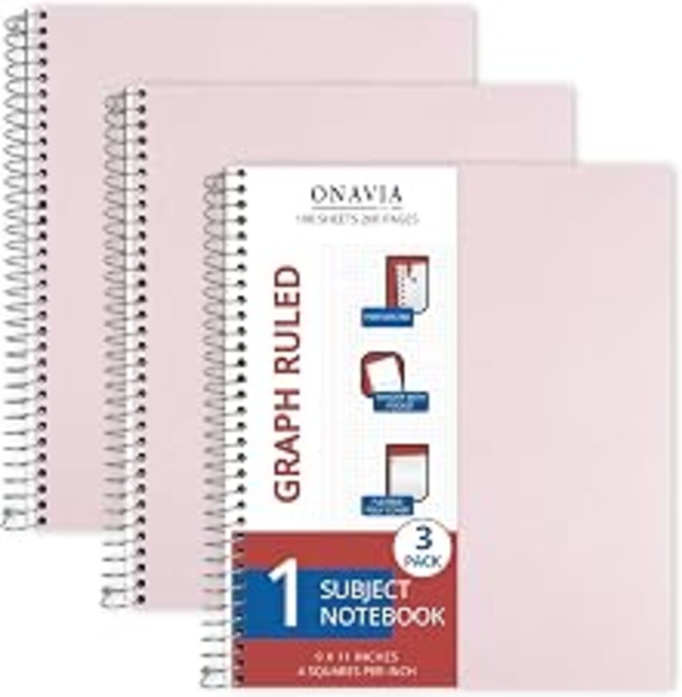 ONAVIA Pink 1 Subject Graph Paper Spiral Notebook 3 Pack, 200 Pages | 100 Sheets, 9 x 11 in, Waterproof Plastic Cover, Durable, 3-Hole Punched, Divider, Double-Sided Pocket