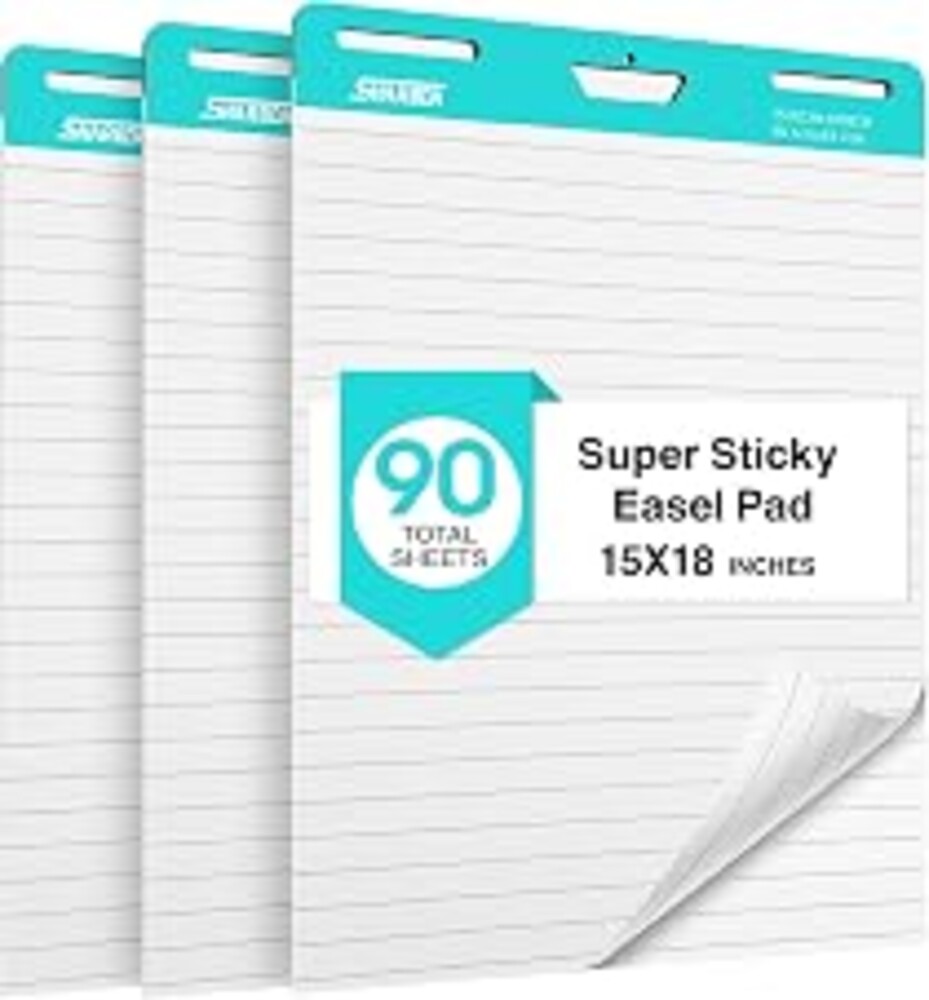 SHARBDA Lined Sticky Easel Pad, 15 * 18 inch,Self-Stick Flip Chart Paper, Super Adhesive & Bleed-Resistant,Micro-Perforated Tear,Classroom Teacher Office Presentation Pads,3 Pads/Pack,90Sheets