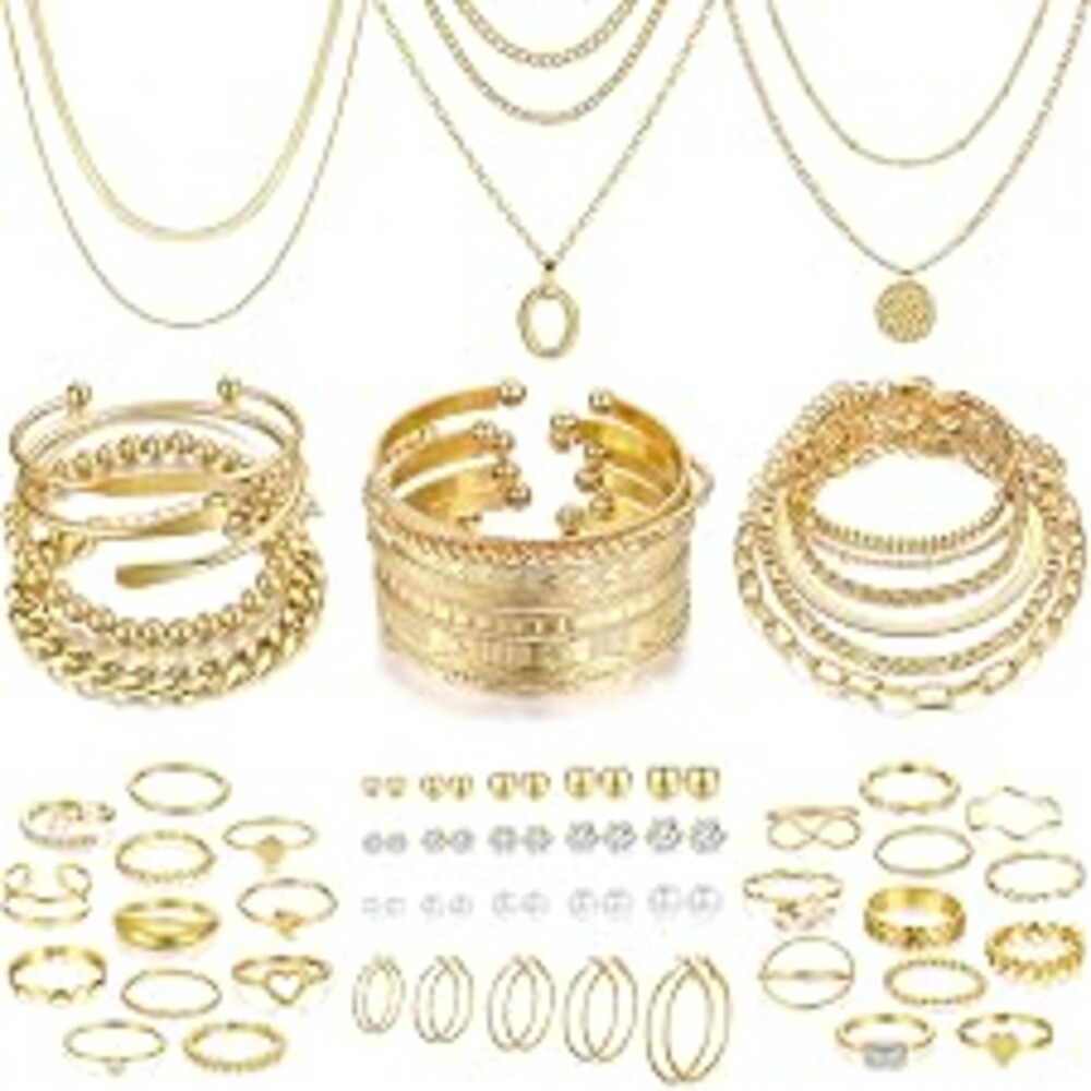 FAXHION 68 Pcs Gold Jewelry Set for Women with 7 Necklace, 17 Bracelet, 5 Hoop Earrings, 15 Stud Earrings, 24 Knuckle Rings for Women Jewelry Set for Women Gift
