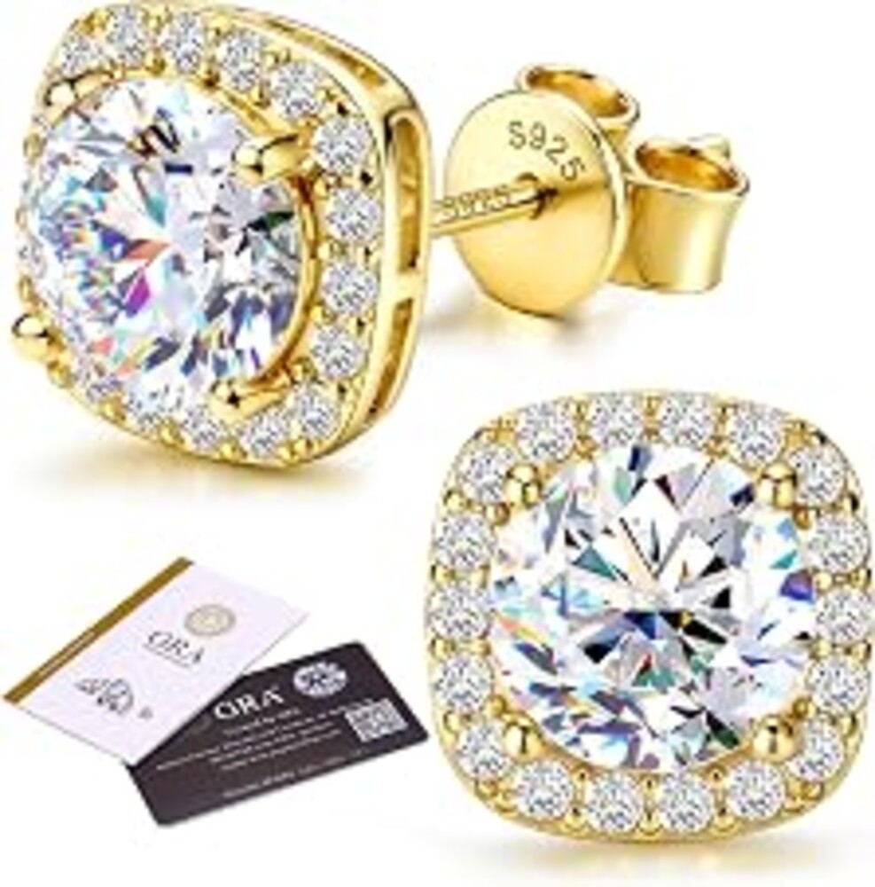 GEMQUEEN Moissanite Halo Earrings Studs : 18K Gold Plated Solid 925 Sterling Silver Stud Earring for Women Men Hypoallergenic Dainty Moissanite Jewelry for Sensitive Ear Round Cut D Color VVS1 1CT-4CT