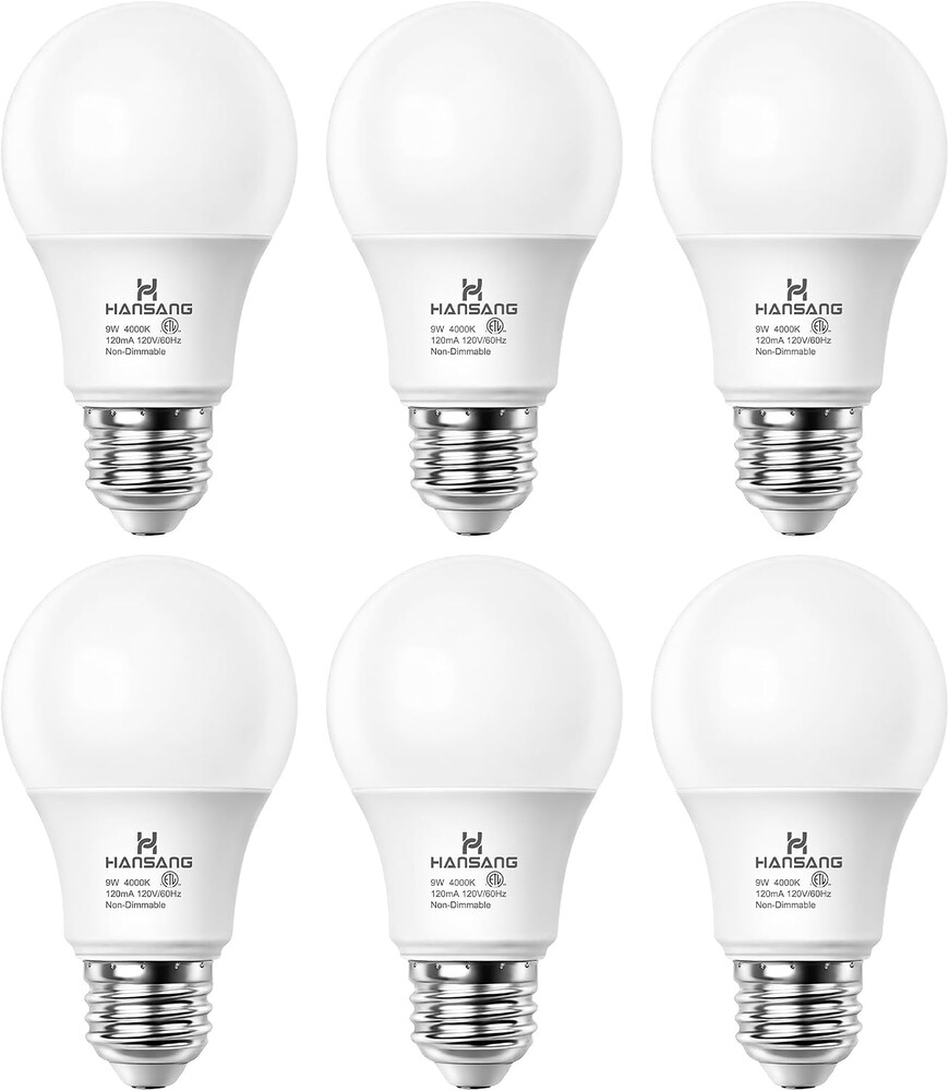 A19 LED Light Bulbs, 60W Equivalent, 4000K Natural White LED Bulb with E26 Standard Base, Efficient 9W, Non-Dimmable, 800 Lumens, 120V, CRI 85, Eye-Friendly for Bedroom Living Room, 6 Pack