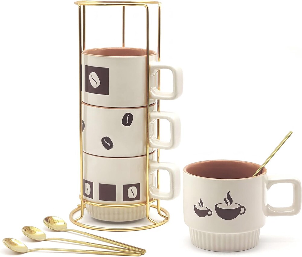 Stackable Coffee Mug Sets of 4 with Rack Tea Cup Set with Spoon 11oz for Coffee, Tea, Cocoa, Cappuccino, Hot Chocolate Ceramic Espresso Cups with Coffee Cup Holder, theme of Trendy