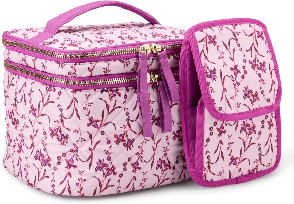 Amazon Essentials Women's Quilted Makeup Bag with Brush Storage, Pink Floral, One Size