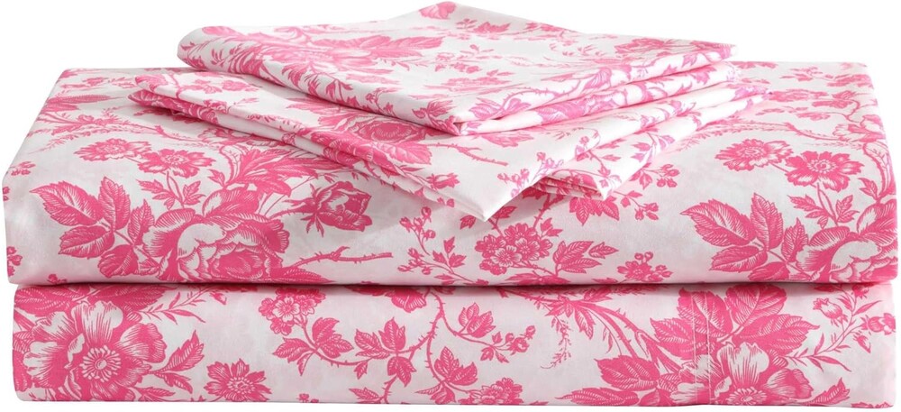 Betsey Johnson - Twin Sheet Set with Fitted Sheet & Pillowcase, Fade & Wrinkle-Free Bedding, Deep Pocket, Dorm Room Essentials, Betsey's Toile Pink
