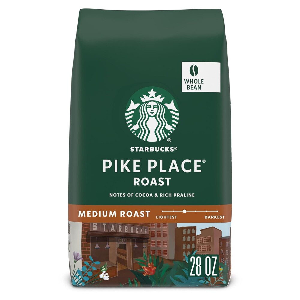 Starbucks Whole Bean Coffee Pike Place Roast, 28 oz Bag | 100% Arabica whole bean coffee; Medium Roast Pike Place Roast; 1 bag, 28 oz