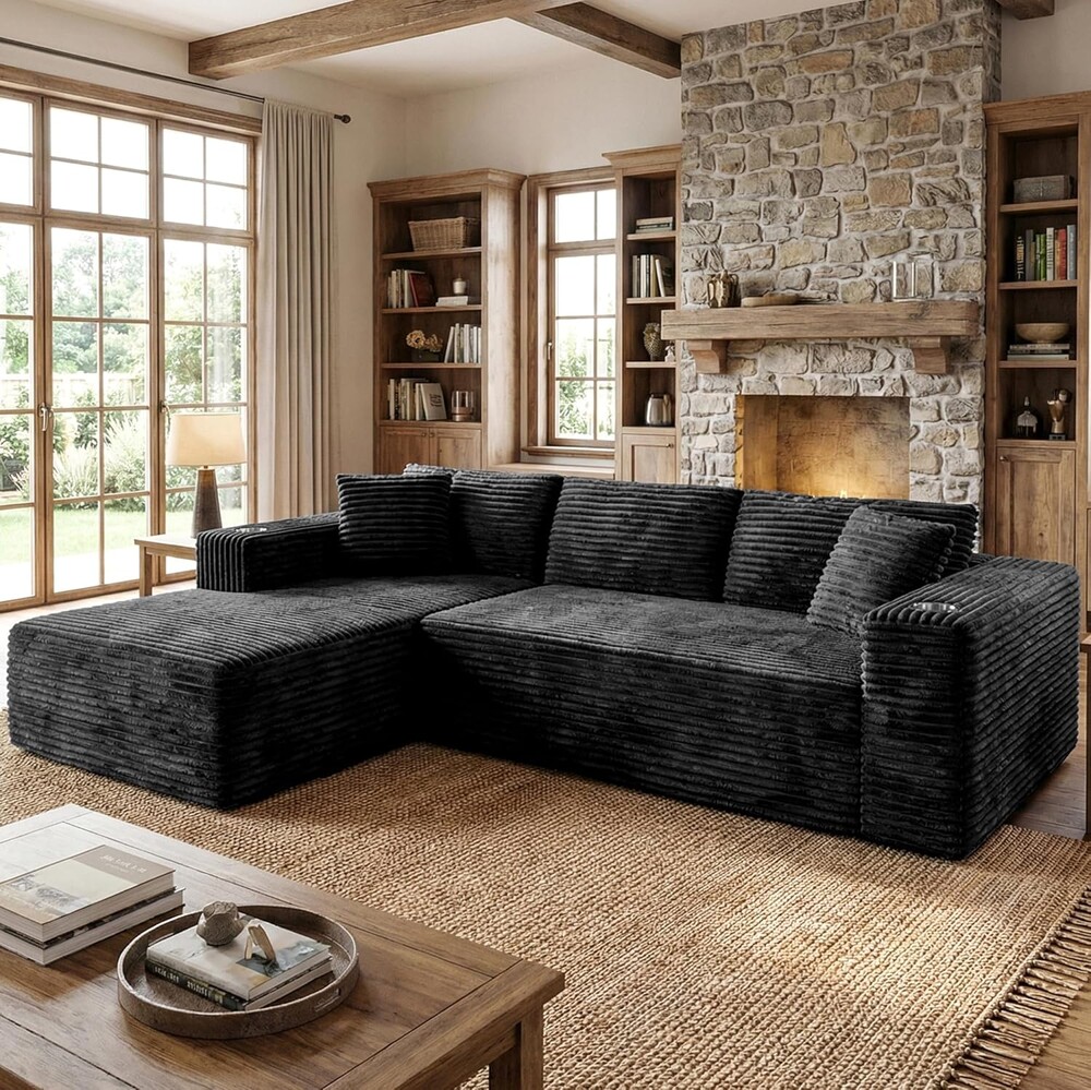 Shintenchi 103" Boneless Couches for Living Room with 2 Cup Holders,L Shaped Modular Sectional Sofa Set,No Assembly Needed Plush Corduroy Living Room Set,Black