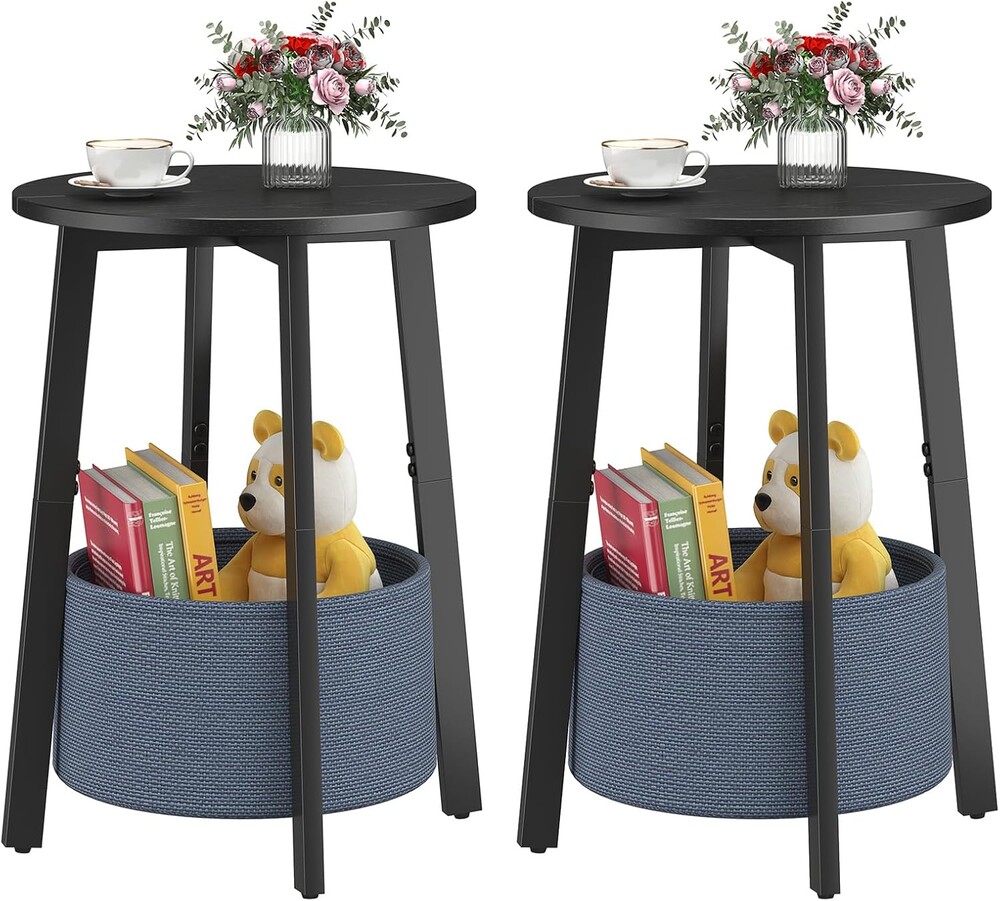 sthmec Small Round Side End Table Set of 2 with Cloth Storage Basket, Round Bedside Sofa Couch Coffee Tables for Small Places with Metal Frame, Modern Nighstands for Living Room Bedroom,Black