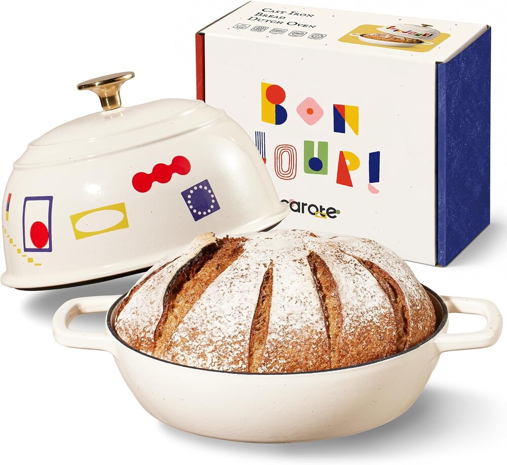 CAROTE Cast Iron Dutch Oven Pot with Lid, 5QT Dutch Oven for Bread Baking | Sourdough Bread Baking, Braising, Stews, Healthy & Non-Toxic Oven Safe up to 500° F, Bonjour