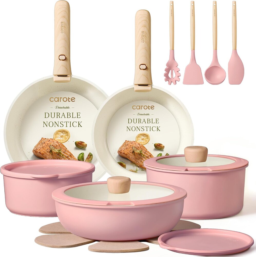 CAROTE Pots and Pans Set, Nonstick Cookware Set Detachable Handle, 19pcs Induction Kitchen Cookware Sets Non Stick with Removable Handle, RV Cookware Set, Oven Safe, Pink